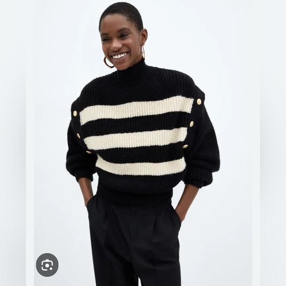 NWT Mango Black and Cream Striped Turtleneck Sweater - Picture 4 of 9